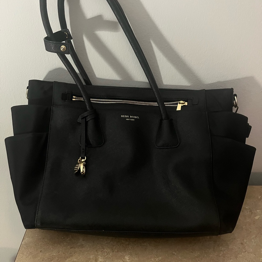 Large Saffiano Leather-Trimmed Canvas Diaper Tote Bag